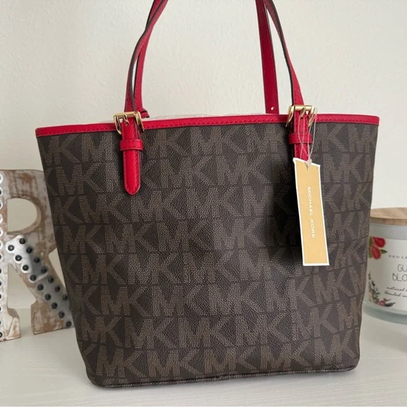 NWT Beautiful Michael Kors Red and Brown Tote Bag - Picture 2 of 7